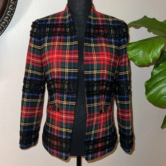 J. Crew Going-Out Lurex Metallic Steward Tartan Blazer Red Plaid Size 4 NWT - Picture 2 of 15